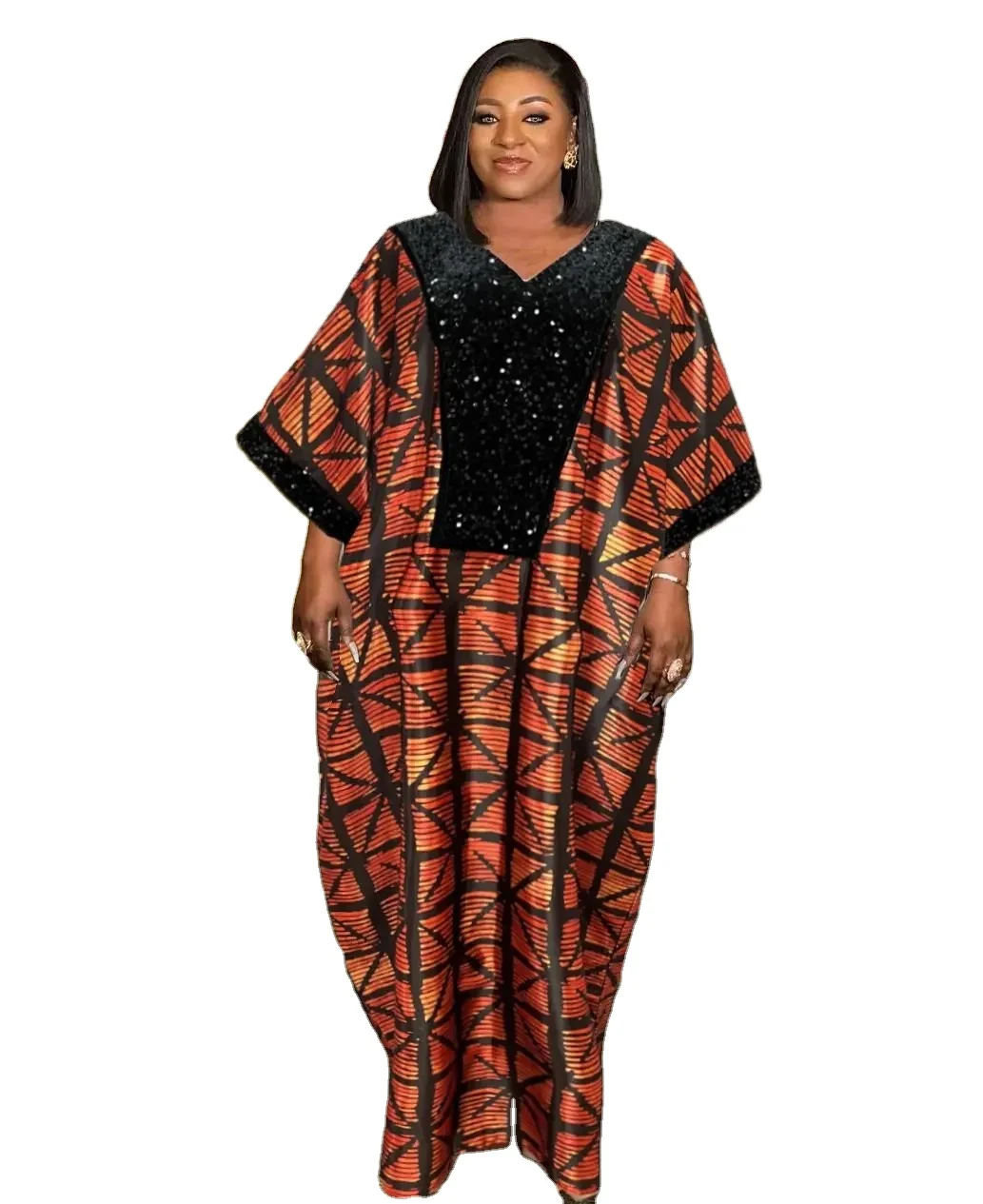 African Women New Fashion Plus Size Sequin Digital Print Floral Dress For Lady K0333