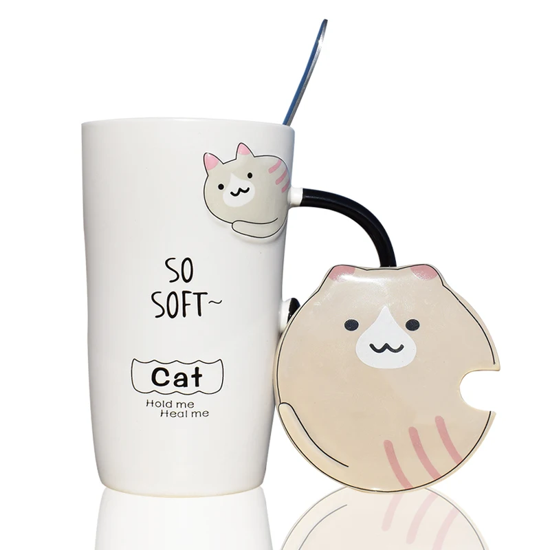 Cute cat large size animal milk cups creative drinkware tea cup ceramic coffee mug with lid