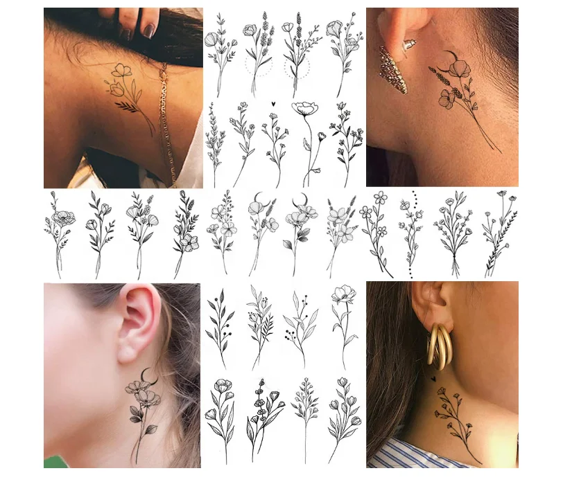 15 Sheets Tiny Branch Black Flower Temporary Tattoos For Women Girl Floral Bouquet Small Tattoo Temporary