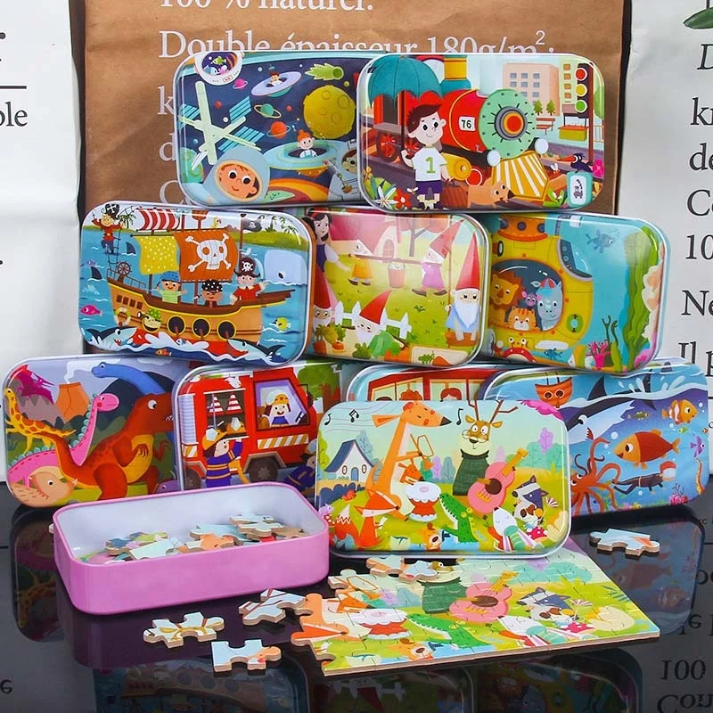 Children Learning Educational Puzzles Toys Mini Wooden Jigsaw With Metal Box
