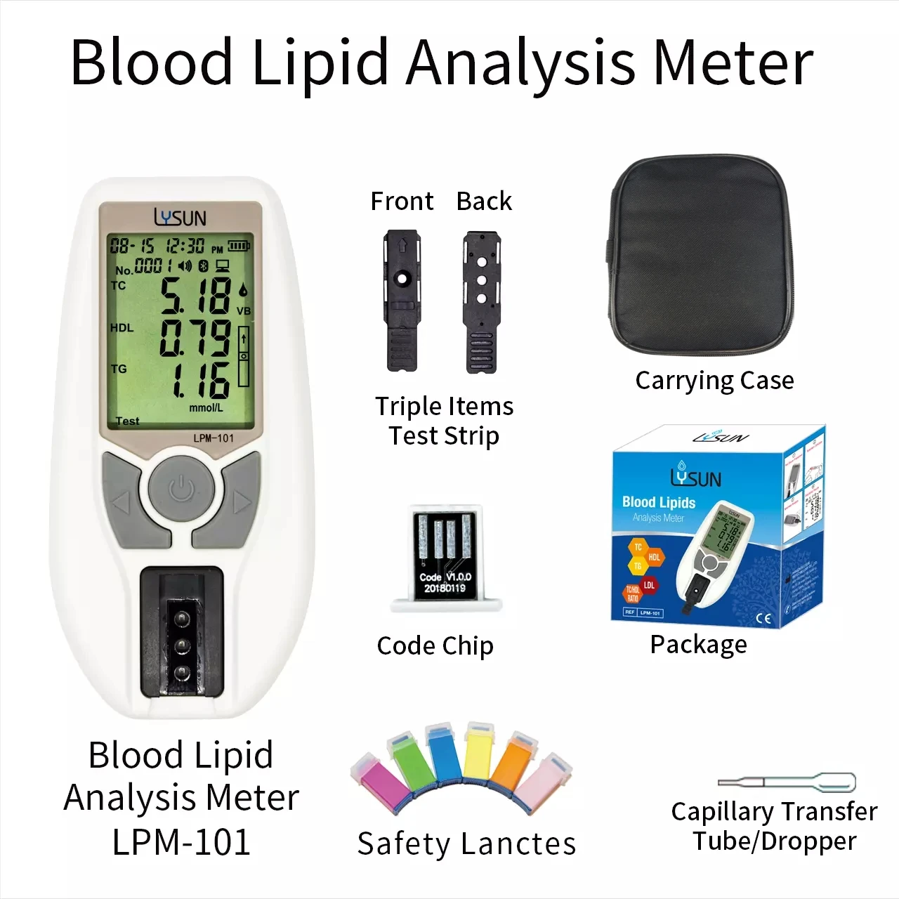 LYSUN LPM-101 Hospital Clinical 3 In 1 Portable Blood Lipid Tests Monitor Home Use Cholesterol Meter Lipid Analyzer