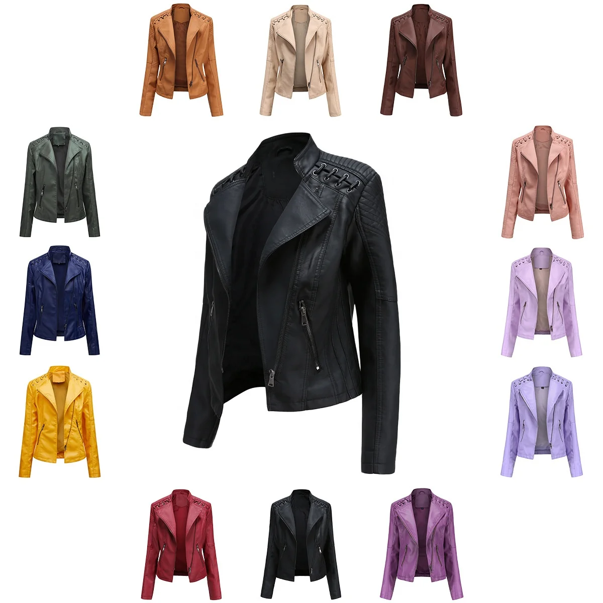 Fashion ladies solid color zipper casual coat girl PU leather motorcycle style long sleeve slim jacket in spring and autumn