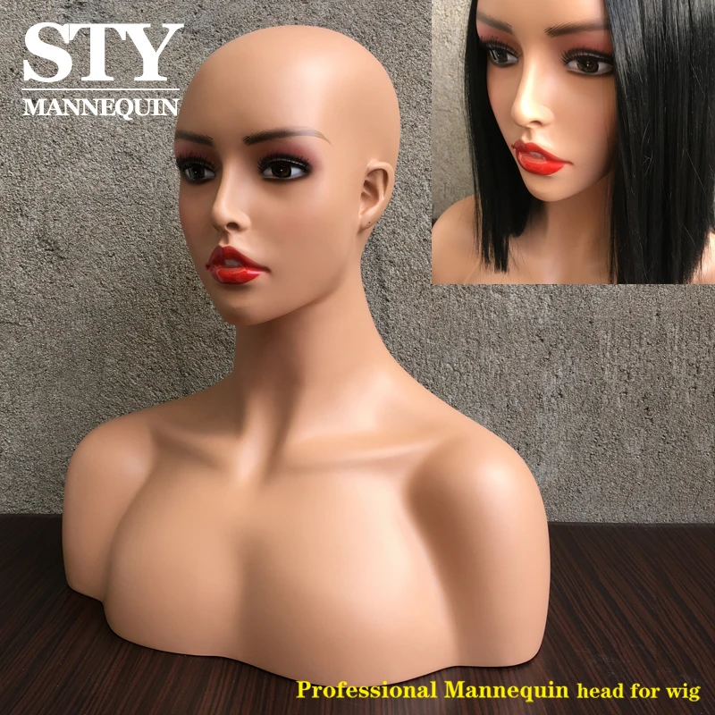 Factory Price Custom Logo Makeup African American fiber glass Realistic Bust Female Wig Display Mannequin Head with Shoulders fo