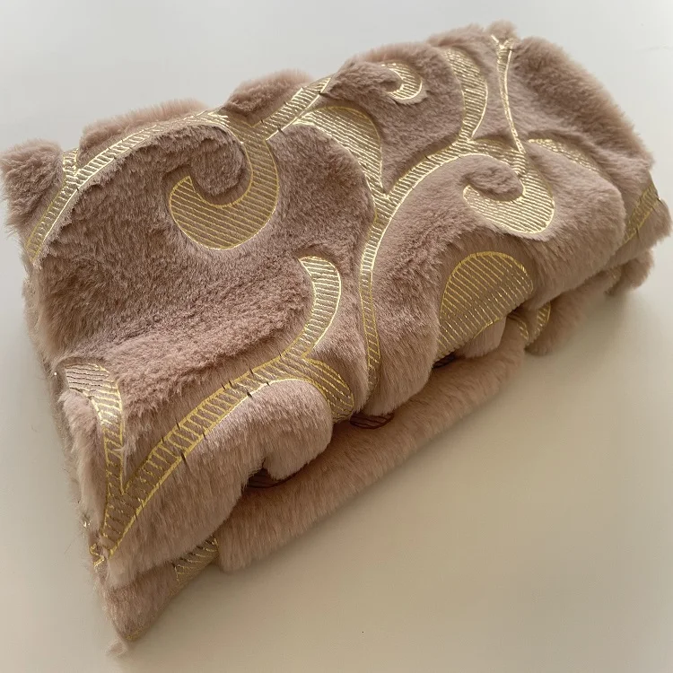 Warm Soft Dark Grey Faux Fur Gold Color Pattern 100% Polyester Embossed Hairy Blanket Fabric