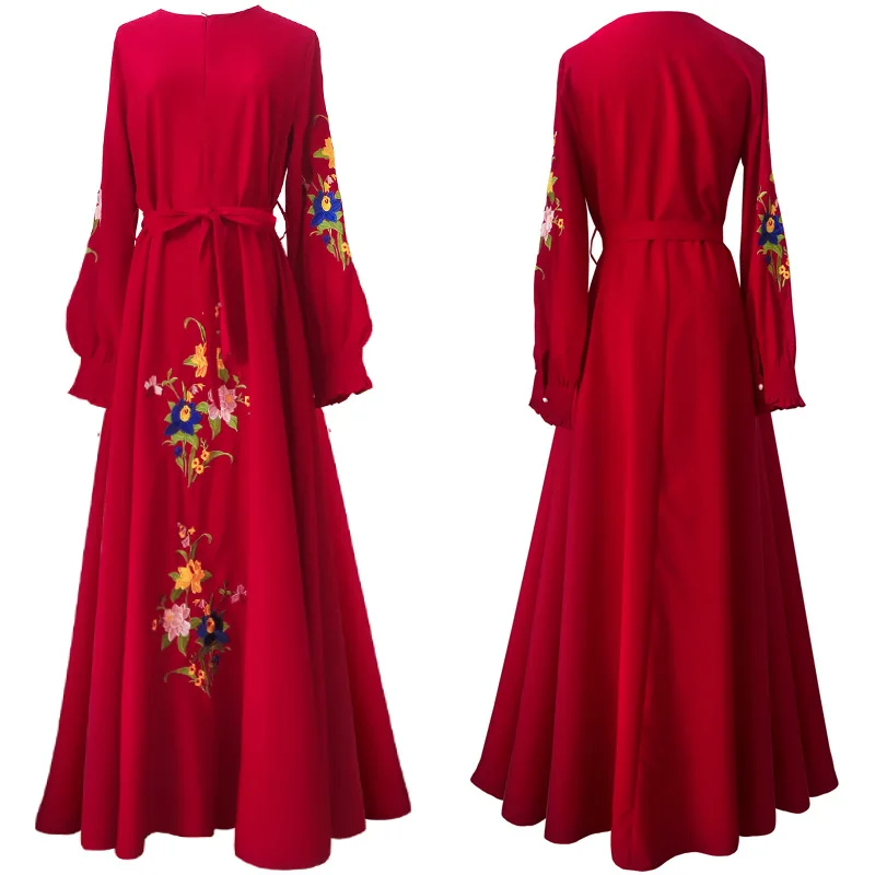 Women Dubai Kaftan Arab Islamic Middle East Ethnic Print Long Sleeve Abaya Muslim Wedding Dress