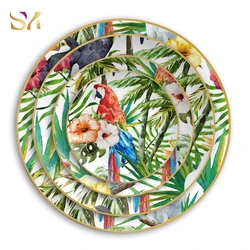 Роскошный цветочный дизайн керамический изысканный костяной фарфор набор для ужина зеленые свадебные тарелки для зарядного устройства