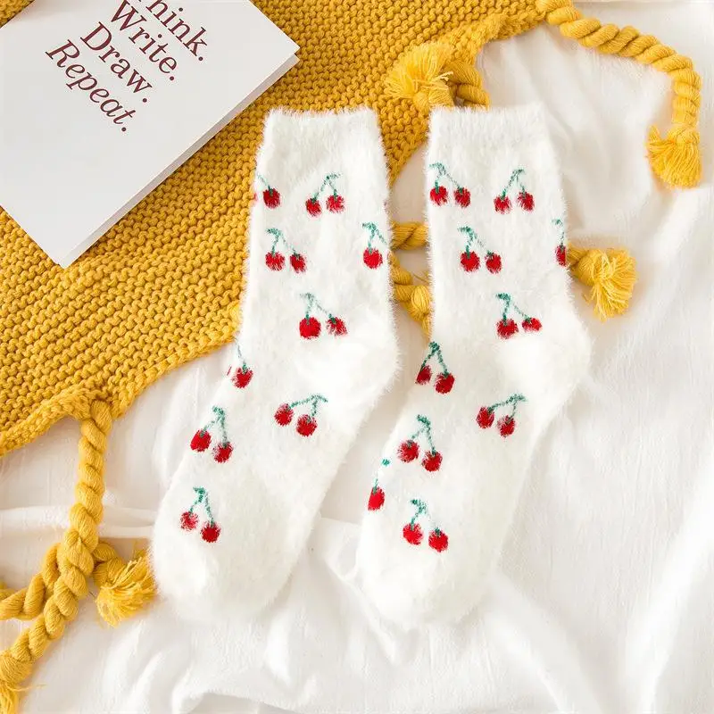 Winter Fancy Thick Warm Thermal Velvet Mink Fleece Fluffy Fuzzy Soft Cozy Women Socks Lovely Fruits Avocado Women Socks