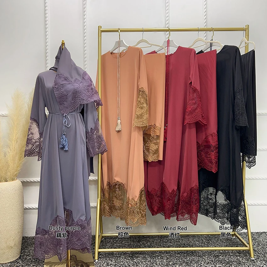 Wholesale Fashion Elegant Islamic Clothing Embroidery Lace Design Without Lining Dubai Muslim Women Abaya Designs Matching Hijab