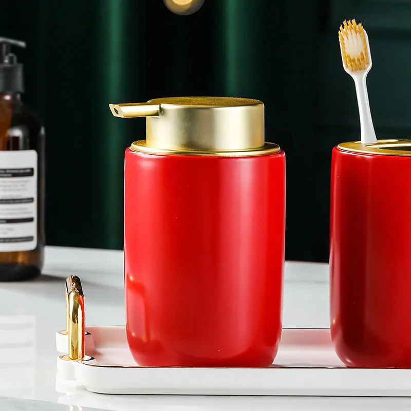 Luxury Decoration Ceramic Bathroom 4-piece Marble Gold Wash Tool Set Lotion Pump Bottle Bathroom Accessories Set
