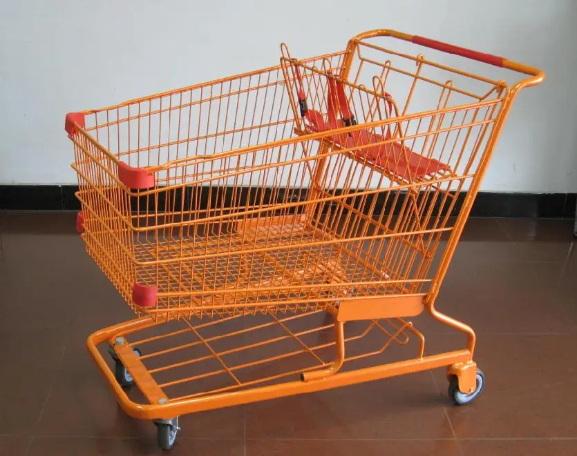 MOQ 100 PCS 250L American Style Large Size Shopping Cart With Two Baby Seats For Chain Hypermarkets