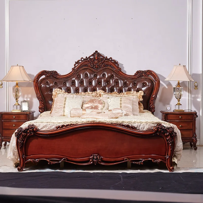 European Royal Luxury Wooden Carved Genuine Leather King Size Furniture Bed Room