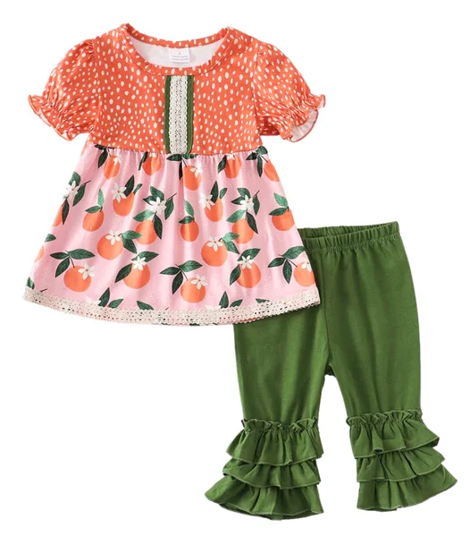 summer boutique short sleeve new children clothing oranges print lace hem dress deep green ruffle trousers girls clothing sets