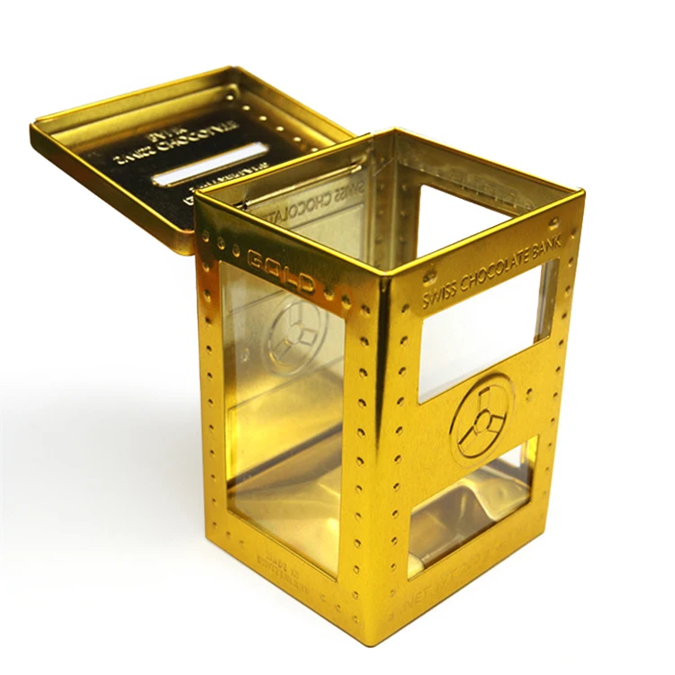 Beautiful Golden Big Rectangle Packaging Gift Tin Box Metal Money Saving Box PVC with Transparent Tinplate Gift & Craft CN;GUA