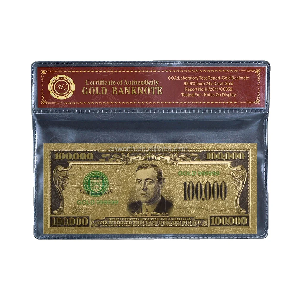 Wr Quality Gold Banknote Colorful American 100 Thousand Dollar Money Bill with Sleeve for Worth Collection