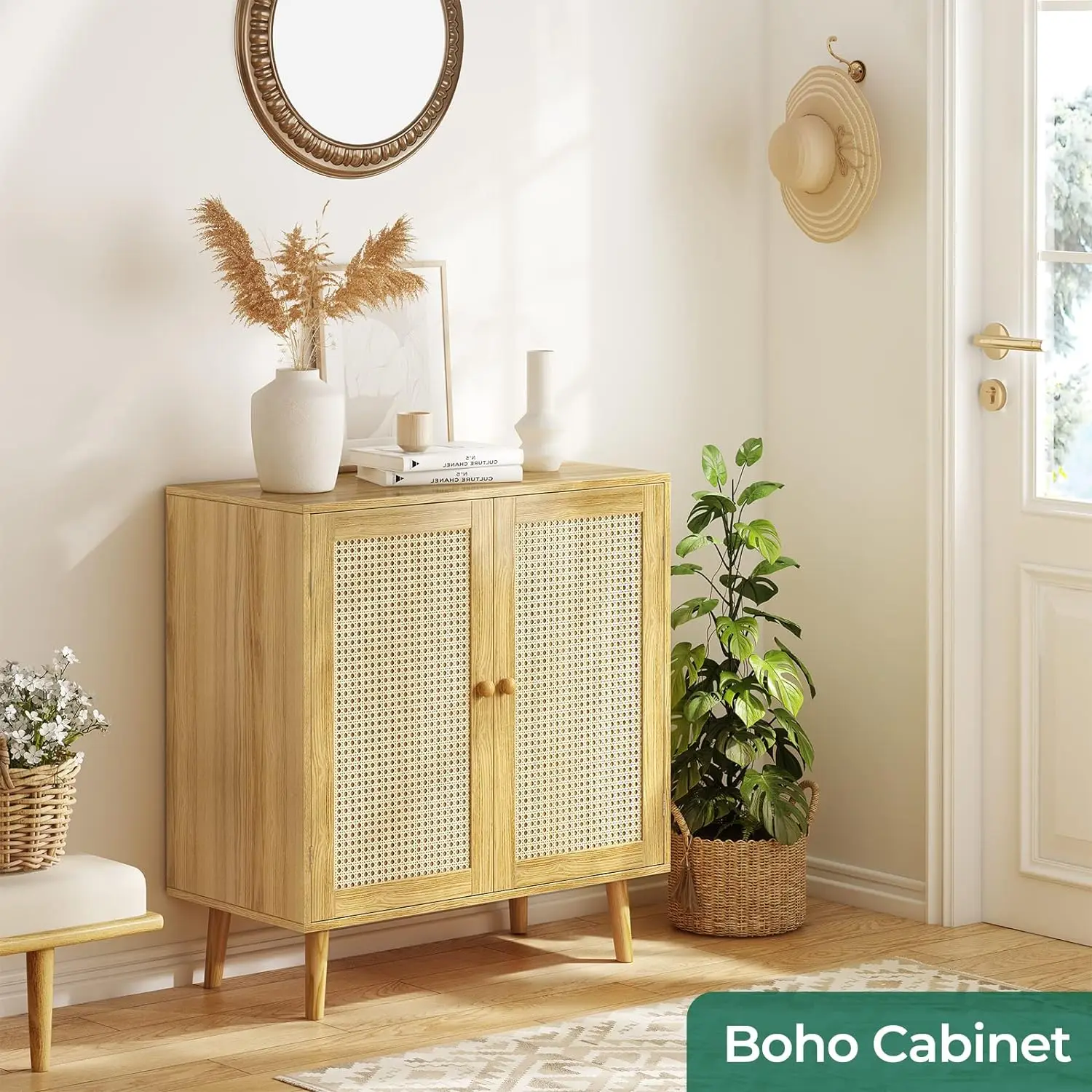 Solid Wood Storage Cabinet with PE Rattan Decor Doors, Accent Chest Cabinets Organizers with Feet Floor Cabinets for Living Room