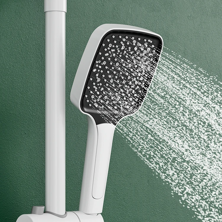 Kidoluxr Rectangular Wall Mounted White Color 4 Functions Shower Set With Shower Head And Handheld Spray Hot Cold Mixer Set