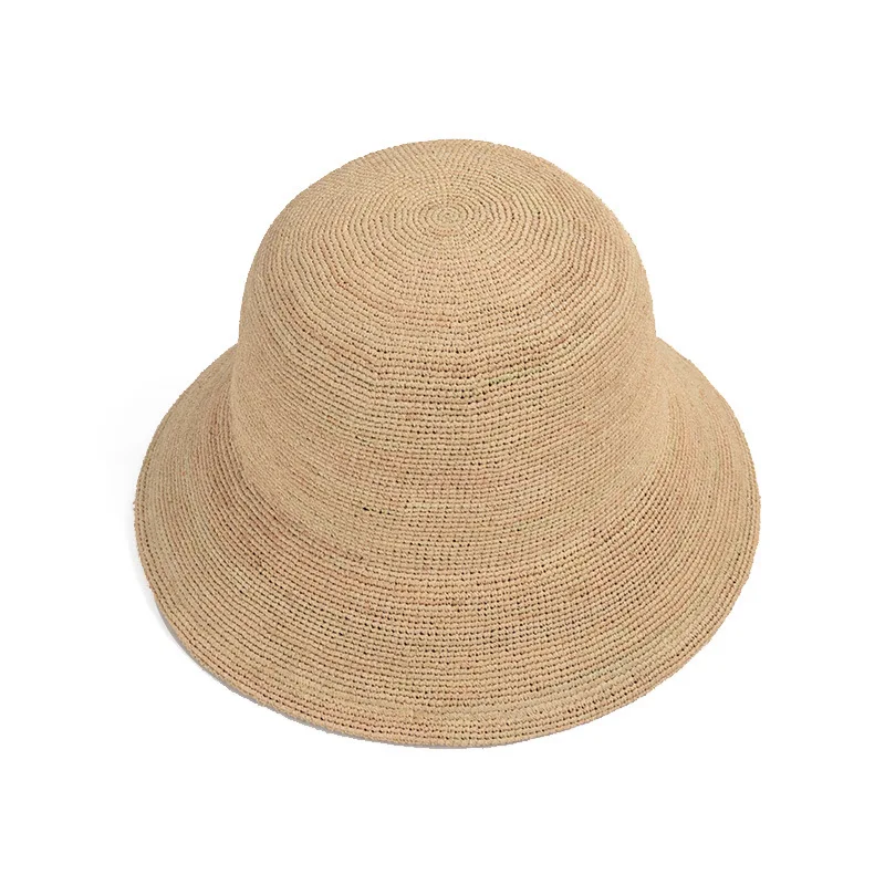 Simple casual fine hand hook raffia straw bucket hat women summer sun shade sunscreen outdoor sun bucket hat straw hat