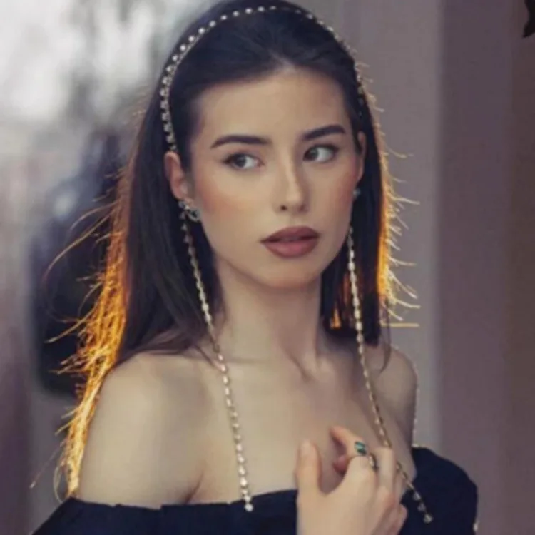 Single-chain with drilled headband temperament personalized rear hanging hairpin simple full diamond headwear Headwear