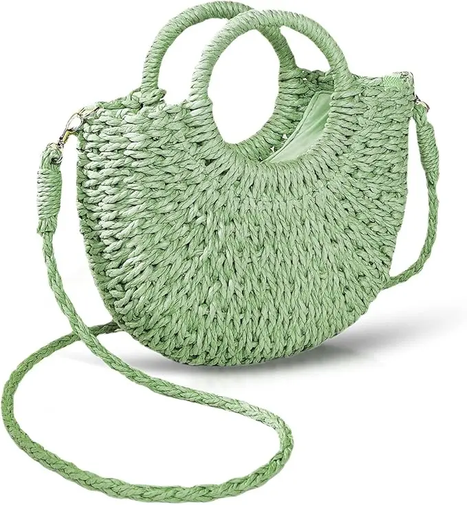 Mini Semi-circle Straw Bag Hand-woven Women Summer Retro Beach Tote Shoulder Bag Crossbody Travel Straw Beach Bag