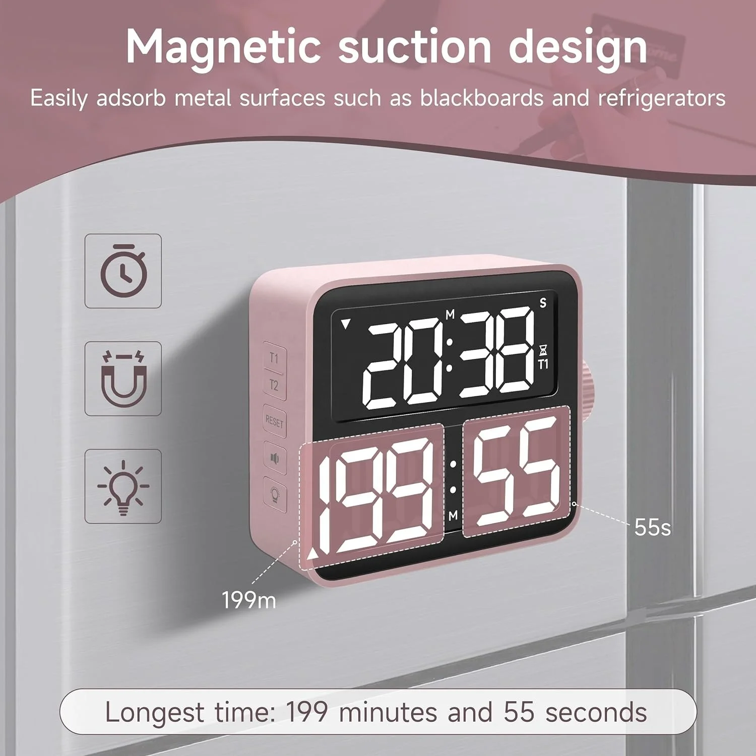 Pink LED dual screen timer positive countdown time 3 levels adjustable volume digital kitchen visual timer