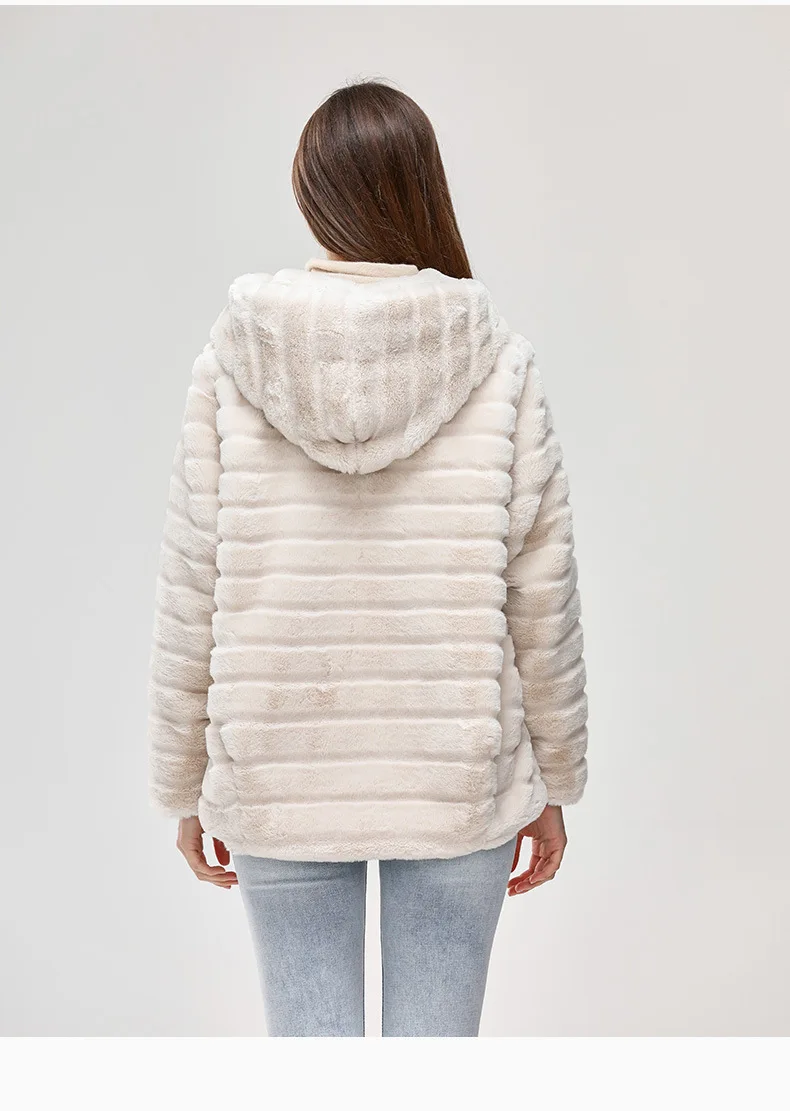 DAMOCHIC Wholesale Faux Fur Coats for Ladies Hooded Casual Loose Thermal Jacket Long Sleeve Winter Plus Size Mink Coat 2022