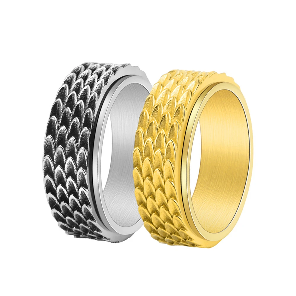 new 8mm Vintage Titanium Steel Ring Gold Black Ancient Silver Dragon Scale Rotatable Stainless Steel Ring finger rings 575