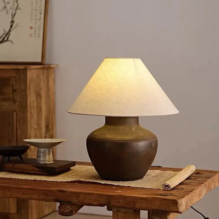 Wabi-sabi pottery table lamp Vintage homestay living room study decoration new Chinese Zen bedroom ceramic bedside lamp