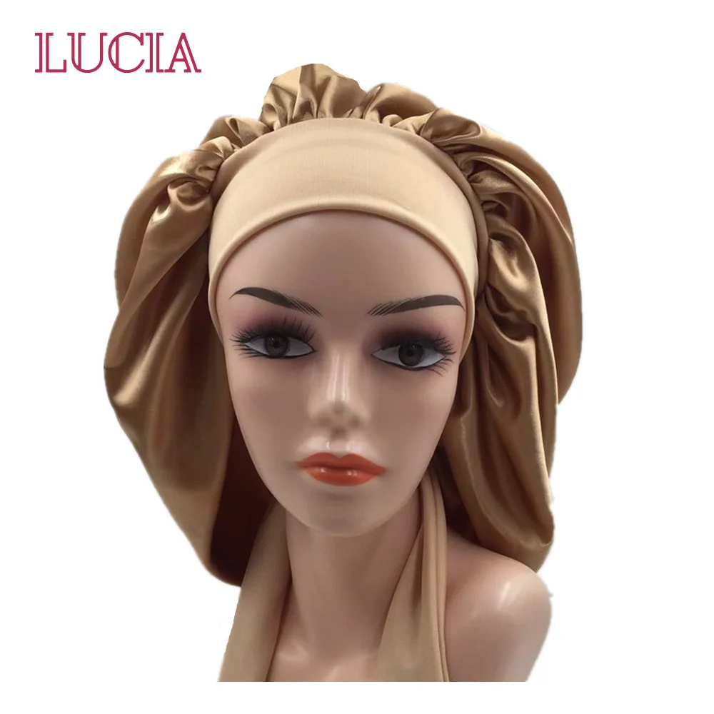 Long Tube Night Hat Three-piece Wide Rubber Band Satin Headgear Home Hair Care Long Tail Hat Cross-border