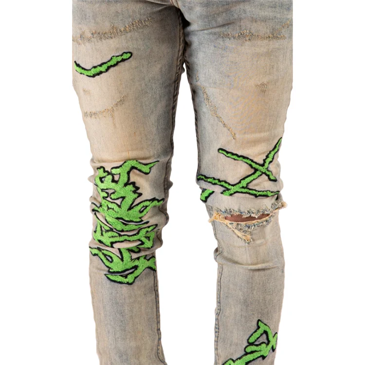 Customized 3D Distressed Embroidered Snake Ripped Denim Jean For Men