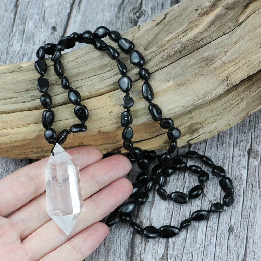LS-A232 Black Tourmaline Chips Beads Knotted Necklace,Natural White Quartz Pendants Healing Crystal Necklace,Mala Beads necklace
