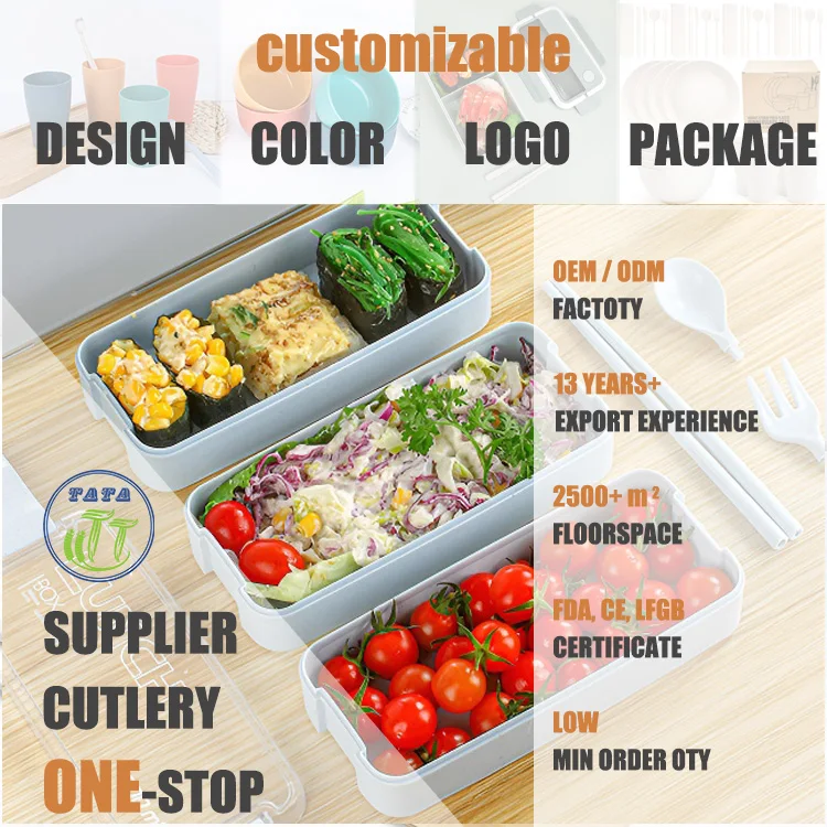 TATA Factory Wholesale Customization 3-In-1 Compartment Wheat Straw Bento Adults Lunch Box Square Three-layer Bento Box