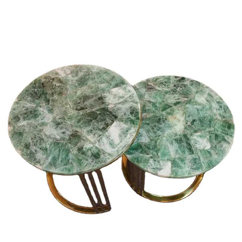 Delicate Living Room Furniture Round Green Pink Semiprecious Stone Nesting Coffee Table
