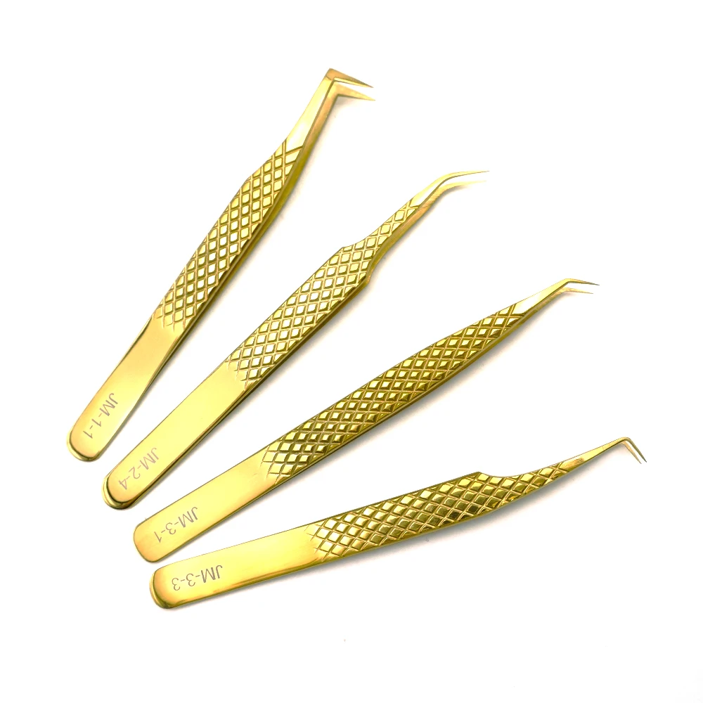 gold eyelash tweezers  fiber tip custom logo tweezer diamond grip  private label box for lash extension stainless steel