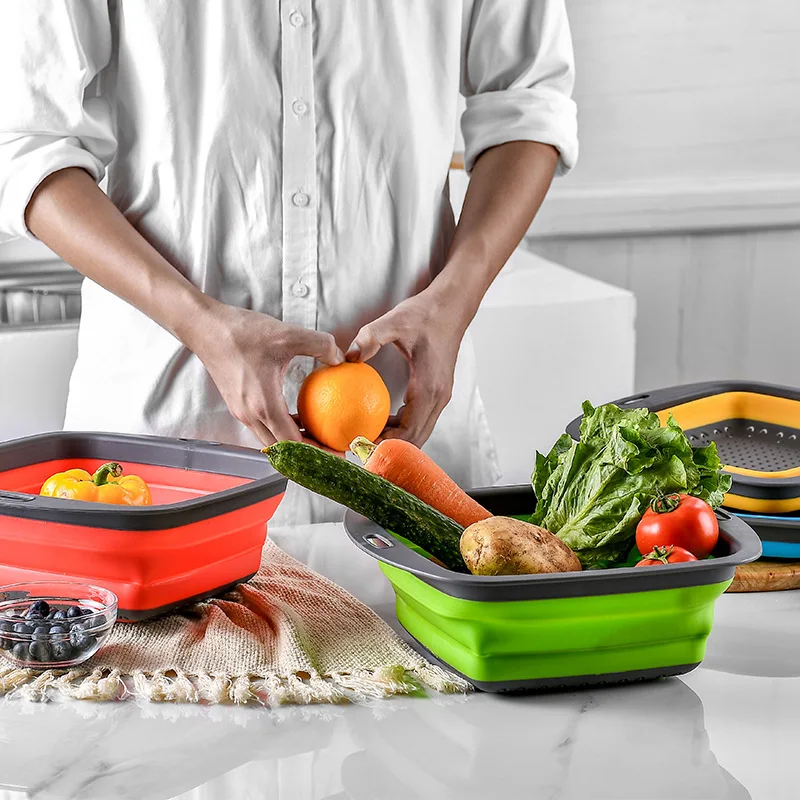 Hot Sale  Plastic Foldable Round Shape Collapsible Colander Strainer Draining Basket Set