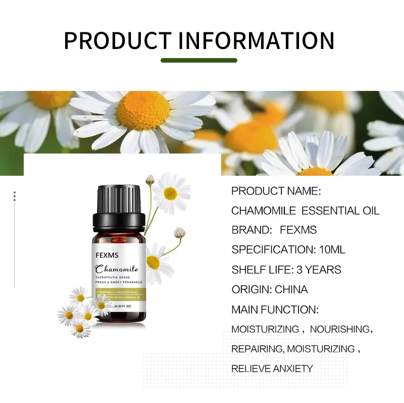 FEXMS 100% Natural Chamomile Essential Oil 10 ml Wholesale Chamomile Oil for Skin Body Massage Oil and Aromatherapy
