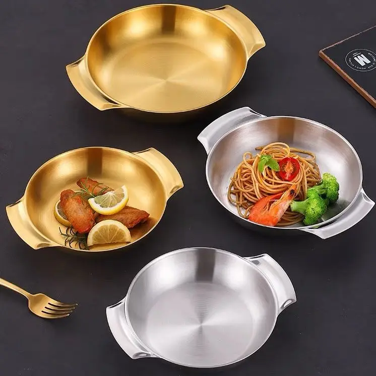Hot Selling Stainless Steel Plate Seafood Metal Serving Tray Golden Round With Double Ear