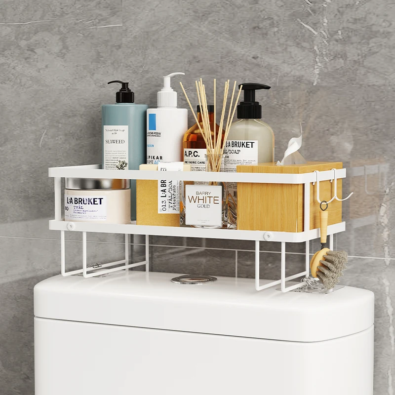 Hanging /Standing Over The Toilet Organizer Shelf 2 Layer Carbon Steel Corner Shelf Countertop With Hooks Bathroom Organizers