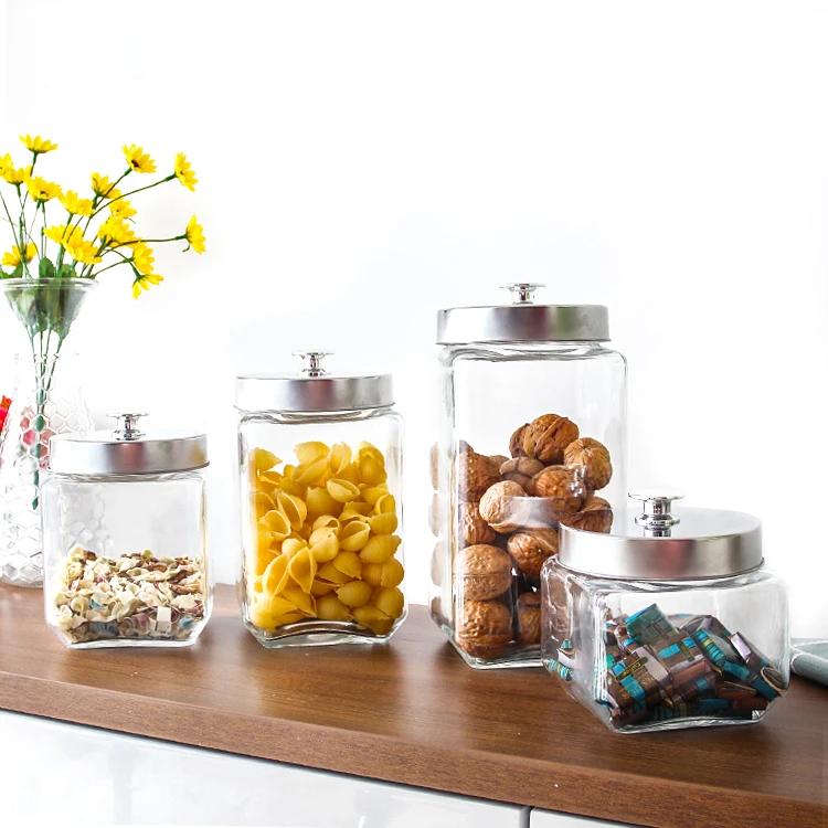
Clear empty square airtight candy food jam kitchen storage glass jars and bottles with metal lid 
