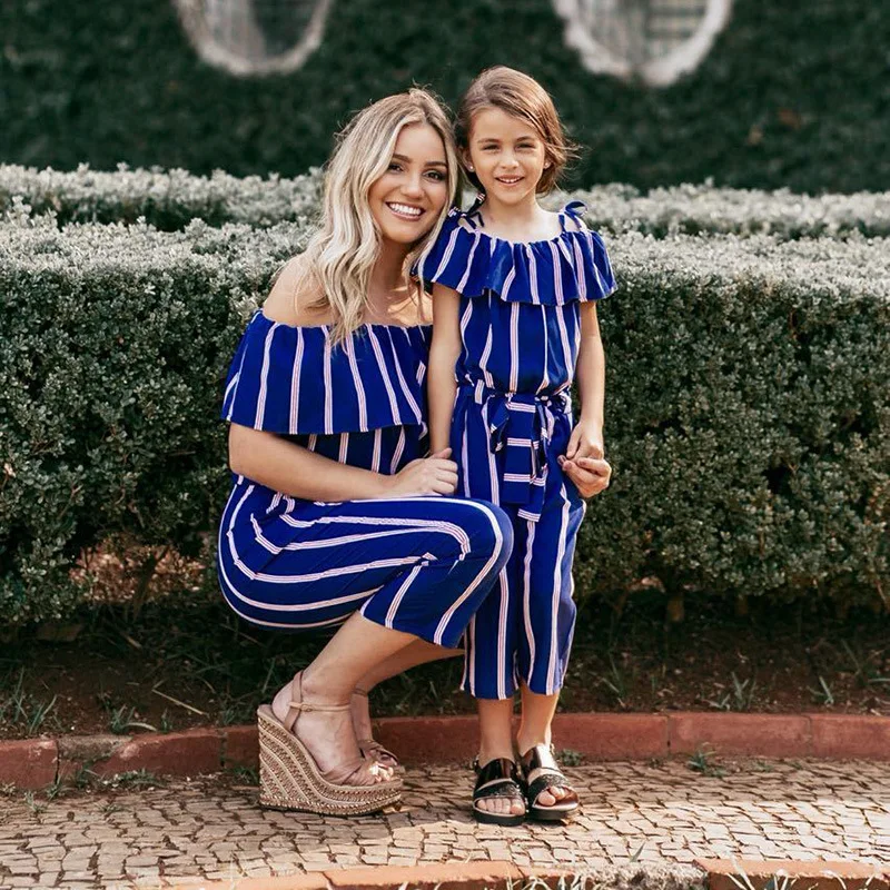 
2021 Boat Neck Vertical Blue Stripe High Waist Jumpsuit Casual Urban Plus Size Mommy And Me Outfits 