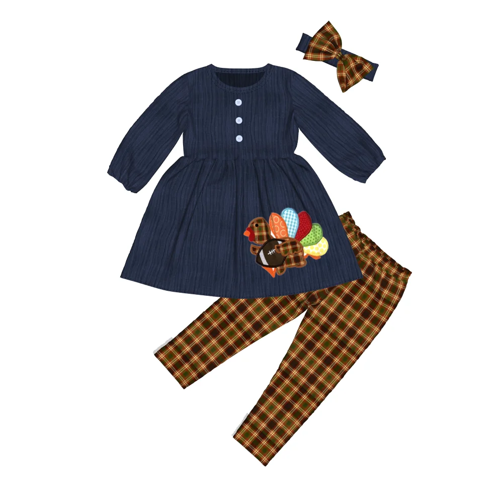 
Thanksgiving Muslim Cotton Turkey Boutique Outfits Clothing Plaid Ruffled Fashion baby girl sets Wholesale Baby Girl Suit 