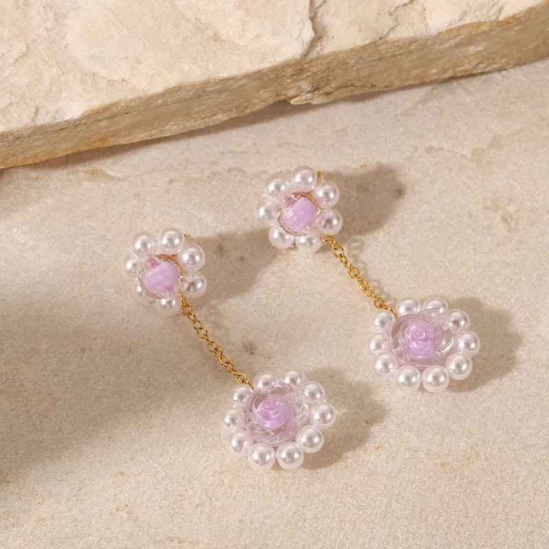 Vintage Design Handmade Flower Pearl Dangle Earring Stainless Steel Knit  Purple Crystal Flower Earring