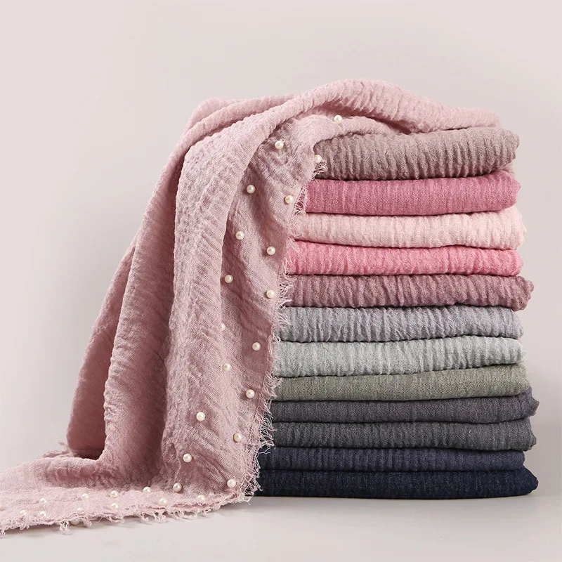 55 colors New Arab Cotton  Wholesale Tassel Cotton Women Scarf Pearl Muslim Hijab Lady Crinkle Hijab Solid Scarves