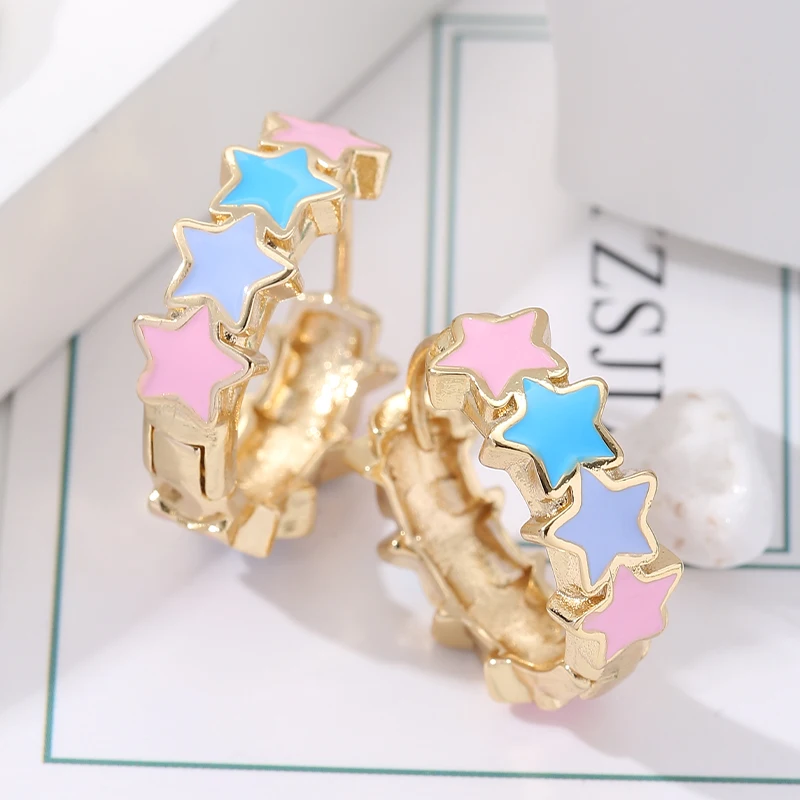 Trendy Stars Pattern Enamel Earrings Wholesale Handmade Gold Plated Huggie Hoop Earrings Jewelry