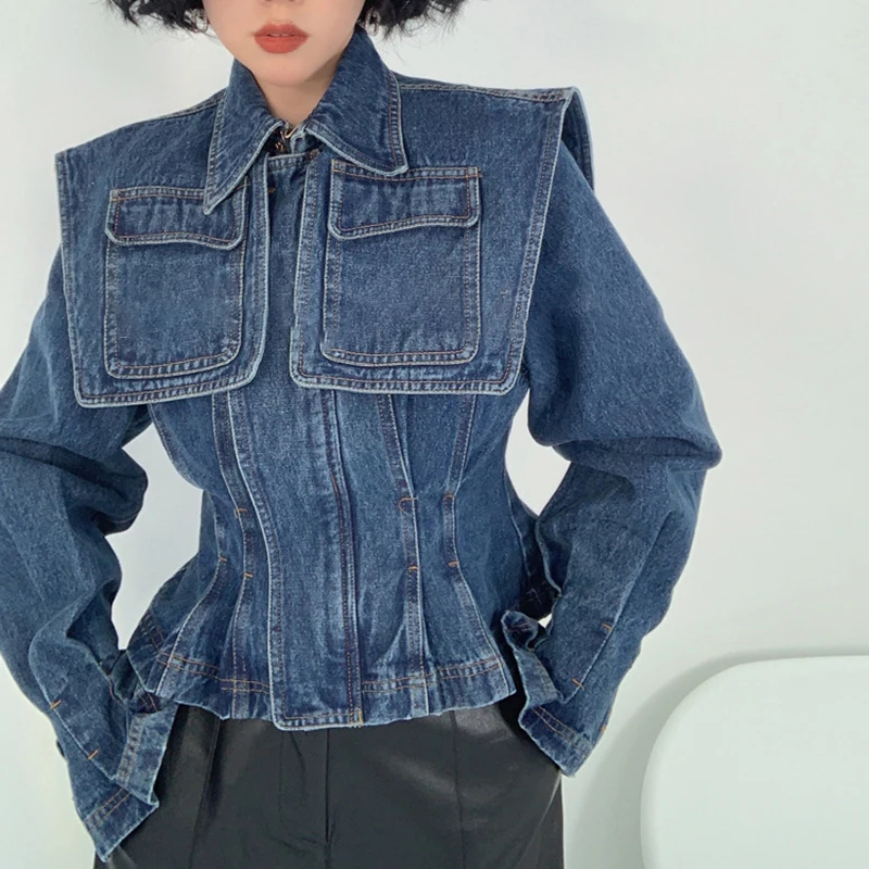 TWOTWINSTYLE Blue Lapel Long Sleeve Slim Short Tops Pockets Cropped Denim Jacket Women
