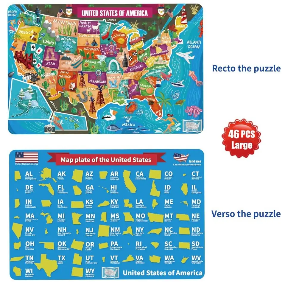 Factory Price 46 Pieces Kids USA Map Puzzle Toy US Puzzle Maps for Kids Learning