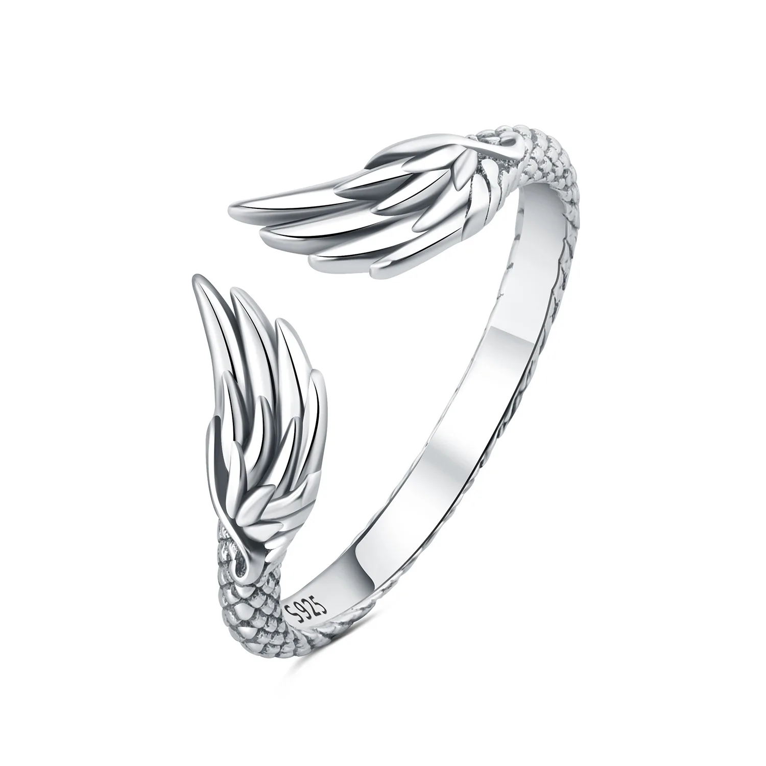 Classic Vintage Plain Sterling Silver Rings 925 Sterling Silver Engraved Angel Wings Open Adjustable Ring