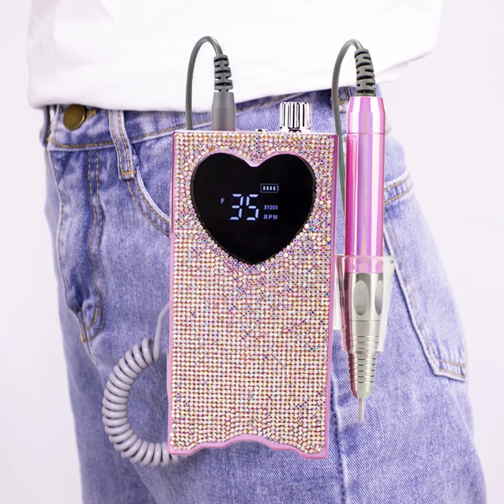 New 85W Portable Cordless E File Nail Drill Machine Rhinestone Electric Efile Machine 7 Drill Bits Holder 35000RPM Shiny Crystal
