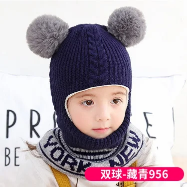 Thick Beanie Warm Winter Hat Kids Children Knitted Hooded Scarf Knit Letter Pom Pom Earflap Hat Cap Scarves Child Accessories