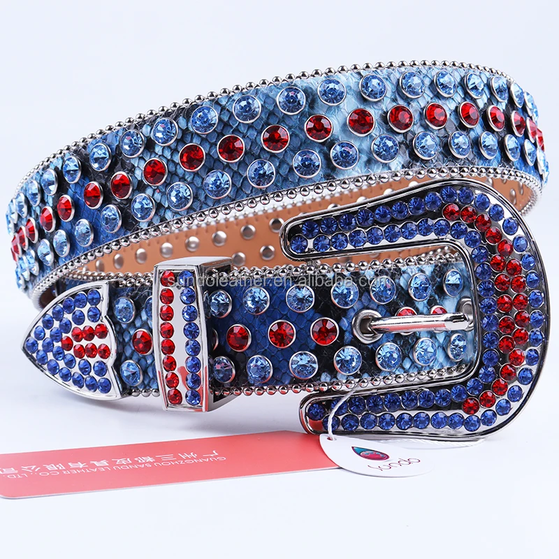 Latest Design Custom Python Skin Leather Pattern Crystal Leather Belts Blue Jean Rhinestone Luxury Belts for Men