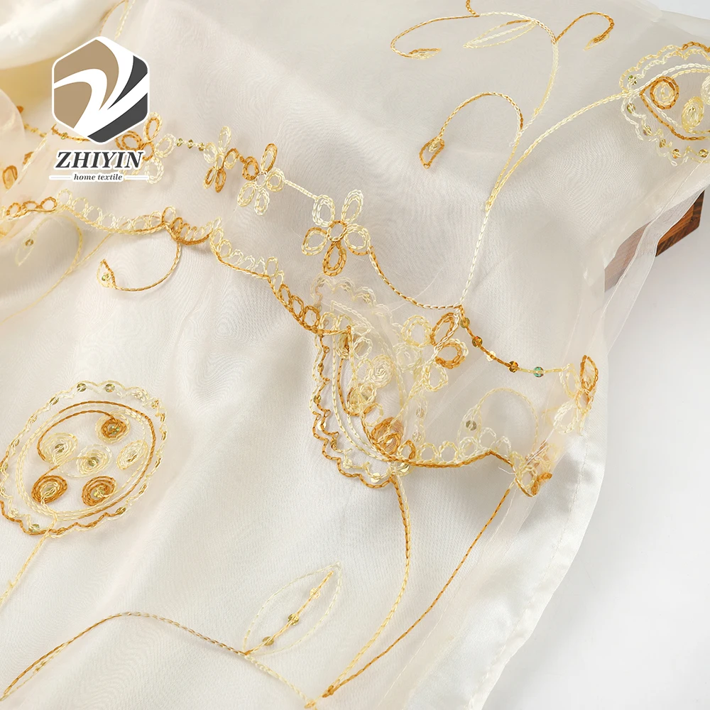 
Custom made modern organza fabric elegant embroidery floral sheer curtain 